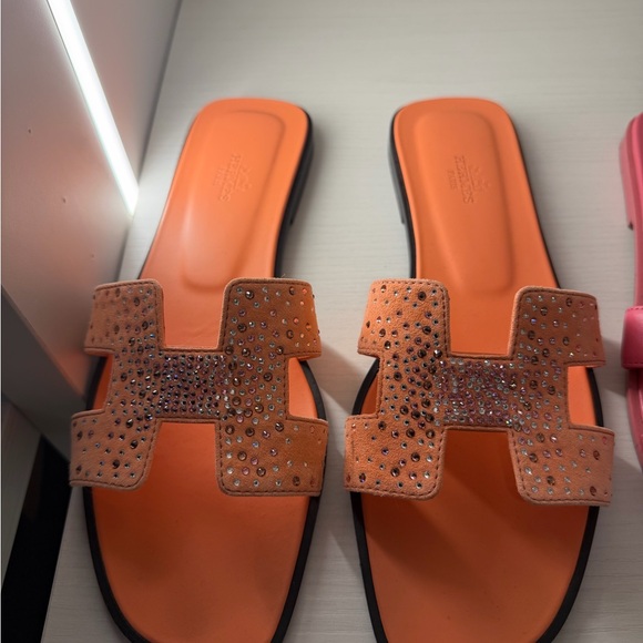 Hermes Shoes - Hermes Orange Crystal-Embellished Oran Slide Sandals